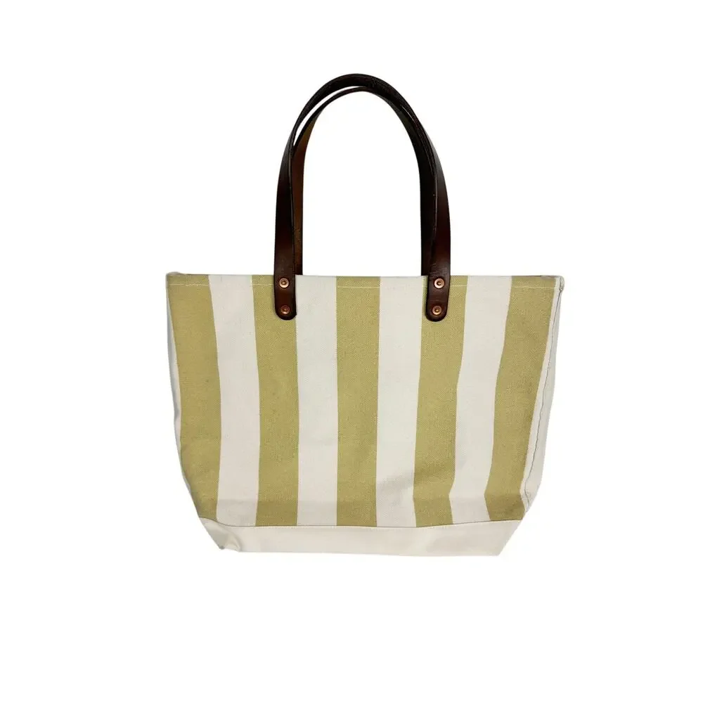 Stanley & Sons Striped Beach Bag Tote Tan White Leather Strap Rare